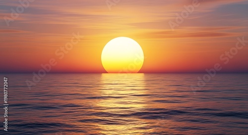 Sunset over calm ocean waters with vibrant colors reflecting on surface peacefully