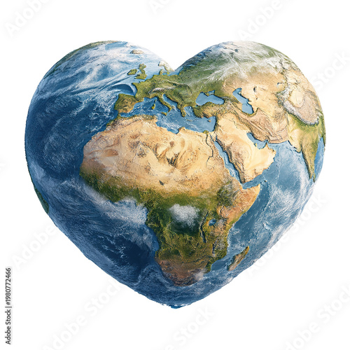 heart shaped earth with continents isolated on transparent background