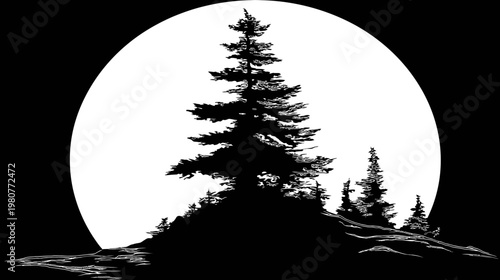 Silhouetted evergreen trees on a hill in front of a giant white orb on a black background