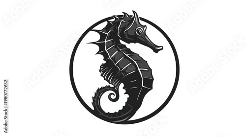 A grayscale illustration of a seahorse within a circle, a simple yet elegant aquatic creature design