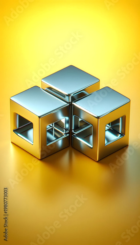 Minimal IT Infrastructure Concept with Interlocking Chrome Cubes on Yellow Background, System Integrity and Blockchain Security with Copy Space