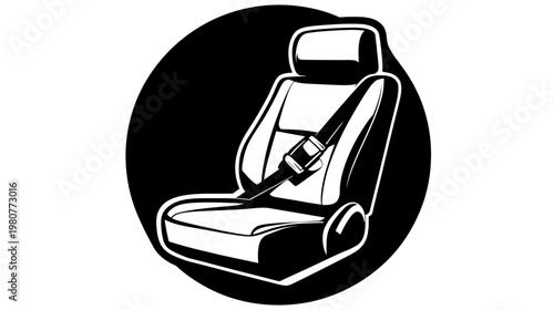 Simplified illustration of a car seat with a seatbelt in a black circle