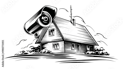 A monochrome illustration of a house with a security camera overlooking it. Simple lines create a classic feel