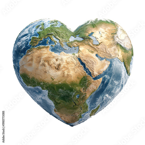 heart shaped earth with continents isolated on transparent background