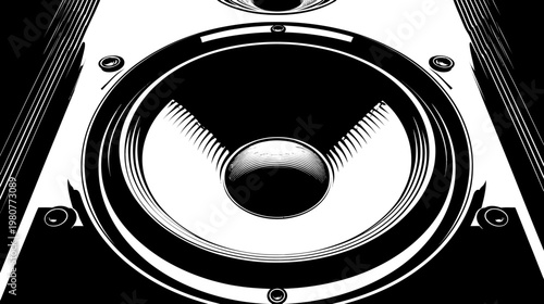 A striking black and white close-up, illustrating a speaker cone's intricate details