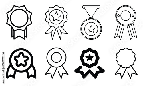Collection of eight different vector line art icons representing awards badges and ribbons for achievement and recognition in a graphic resource compilation