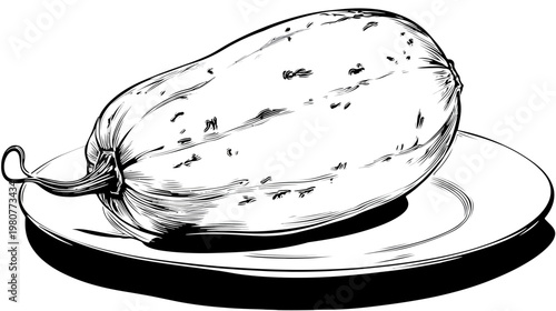 A detailed, black and white sketch of a long fruit on a simple plate, with deep shadows