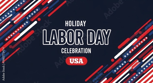 Labor day celebration background with red, white and blue abstract stripes and stars