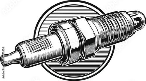 A detailed, stylized black and white illustration of a spark plug, set within a striped circular frame