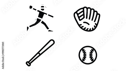 Baseball Essentials: Illustrated icons depict the core elements of baseball, including a player mid-pitch, glove, bat, and ball, suitable for sports-related designs and educational materials.