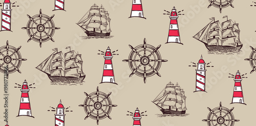 Old vintage sailboat, lighthouse, Wind rose, pattern hand drawn