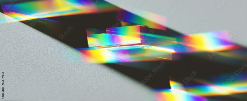 Fototapeta premium Radiant patches of refracted sunlight create a stunning spectrum reflection prism effect on white surface.