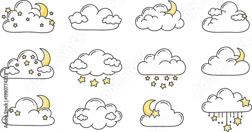 Charming hand drawn design weather icons set clouds rain and sunshine
