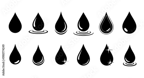 Droplets vector set with black teardrop shapes and ripples on white background, various styles and reflections