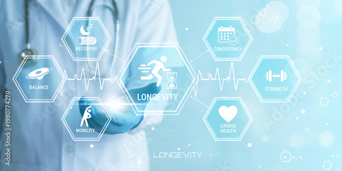 Slika na platnu Doctor showcasing digital interface of health and wellness icons representing lo