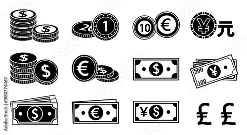 Money icons set with dollar, euro, yen and pound currency symbols and coins banknotes featuring finance, financial, symbol with icon and illustration
