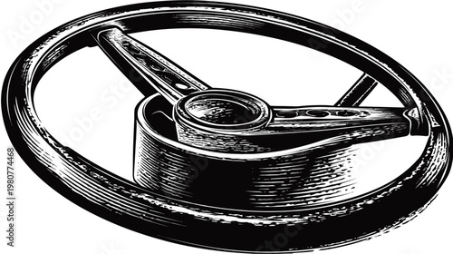 A detailed illustration of a vehicle's steering wheel in black and white, angled