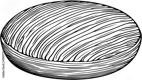 Black and white illustration of an oval object with detailed parallel lines, textured