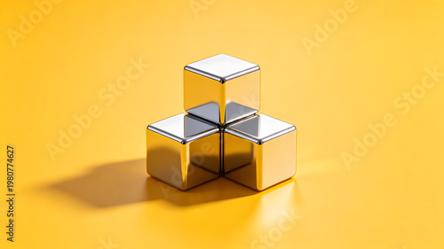 Conceptual Minimal Composition of Interconnected Chrome Cubes on Bright Yellow Background, Symbol of System Stability, Blockchain and Secure Architecture