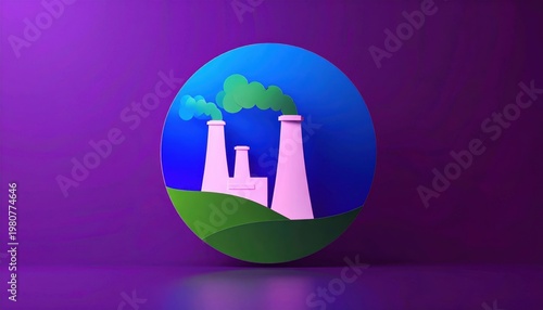 Carbon Capture Concept, Icon of factory emitting smoke in green landscape on purple background