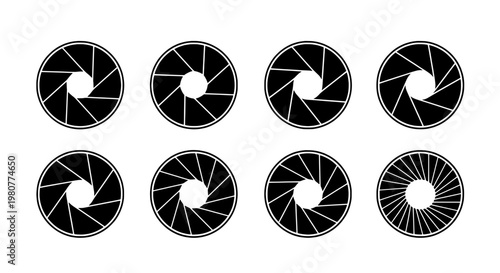 Camera shutters icon set with black and white designs, various aperture styles, and circular shapes.