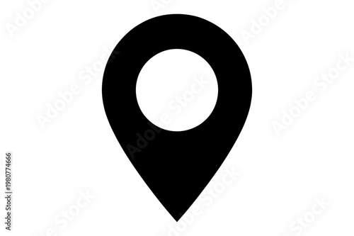 A simple black map pin icon with a circular hole