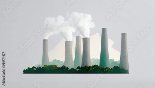 Carbon Capture Concept, Industrial chimneys emitting smoke above green trees on a plain background