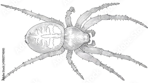 A detailed top view illustration of a spider with intricate line work and spiny legs