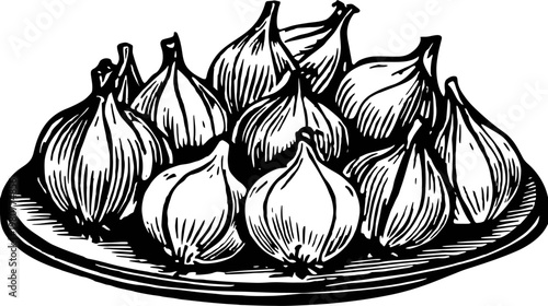 A black and white illustration of garlic bulbs clustered on a plate, with bold lines