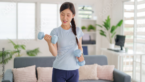 Photography Adult Asian woman home dumbbell workout body conditioning physical activity indo