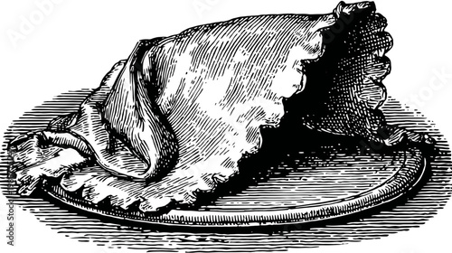 Intricate black and white engraving featuring draped fabric on a plate. Detailed linework creates texture