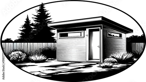 Black and white illustration of a modern shed in an oval frame, surrounded by trees and landscaping