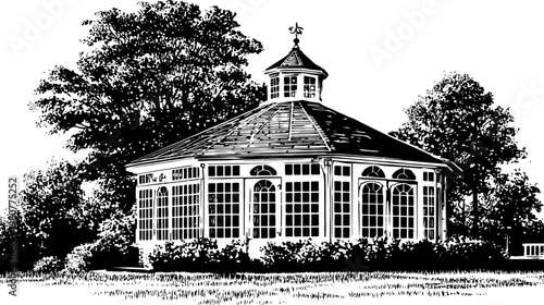 A black and white illustration of a gazebo surrounded by lush foliage