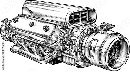Detailed grayscale illustration of a powerful engine with intricate parts and a textured design