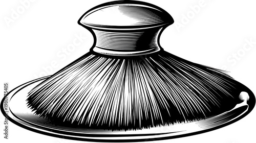 A detailed black and white illustration of a shaving brush, viewed from above, on a white background