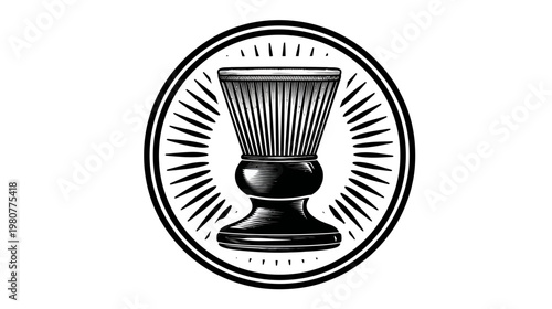A detailed black and white illustration of a stylized shave brush encircled with radiating lines