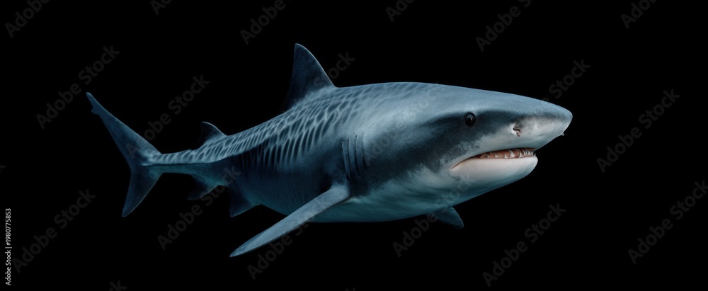 Obraz premium Isolated Tiger Shark glides powerfully showcasing its fierce teeth and strength.