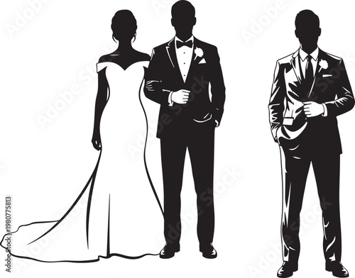 Elegant Wedding Couple Silhouette with Groomsman