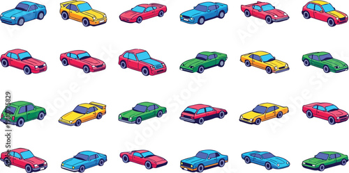 Retro sports car colorful isometric vector illustration set
