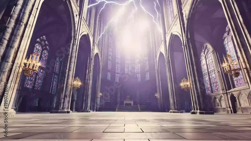 Scenery of a large gothic space with tall ceilings during a thunderstorm with lightning striking through colorful stained glass windows