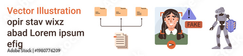 Data management, artificial intelligence, deepfake detection, online security, digital tools, tech concepts. Files connecting to a document, deepfake alert robot with brain symbol. Data management