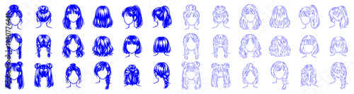 Girls Hairstyle Line Art – Cute Female Hair Outline Illustration Set