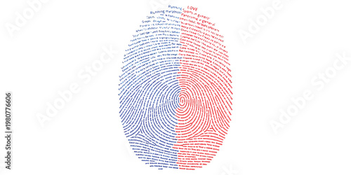 A detailed fingerprint graphic composed of small text words colored in blue and red on white