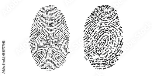 A conceptual illustration of two fingerprints formed by intricate lines of handwritten text script