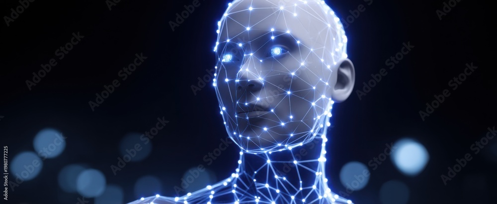 Naklejka premium Futuristic humanoid ai robot with visible network links and streamlined design elements