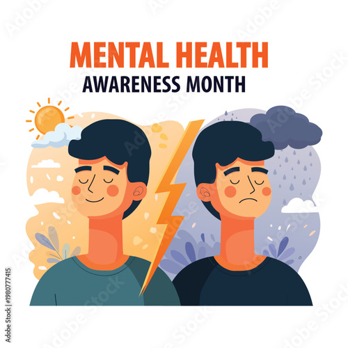 Mental Health Awareness Month concept, positive and negative emotions contrast, depression and happiness illustration