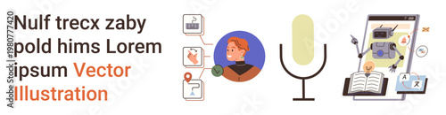 Artificial intelligence, speech recognition, translation, voice tools, data research, digital communication. icons for communication, a person microphone and virtual assistant interface. AI tools