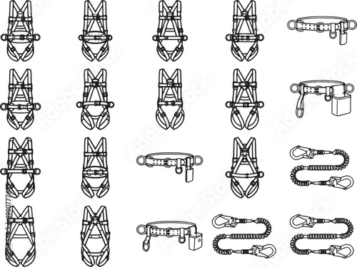 Various designs of safety harnesses, a vital gear for workers involved in elevated tasks, meticulously depicted in a graphic illustration.