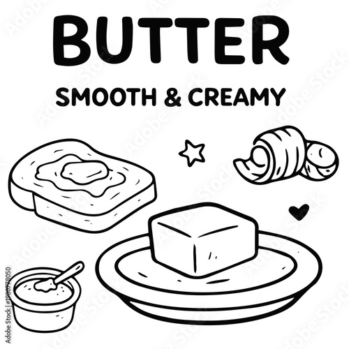 Butter smooth creamy doodle illustration with toast block butter and spread
