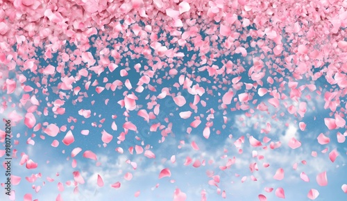 Pink flower petals gently falling from above against a clear blue sky with soft clouds.